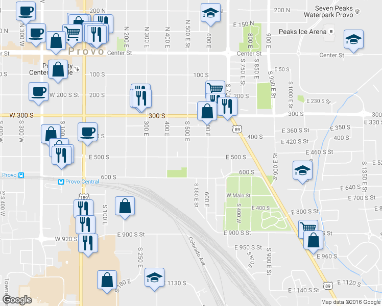 map of restaurants, bars, coffee shops, grocery stores, and more near 505 South 500 East in Provo