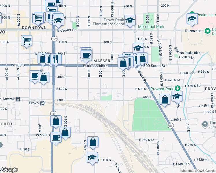 map of restaurants, bars, coffee shops, grocery stores, and more near 444 East 500 South in Provo