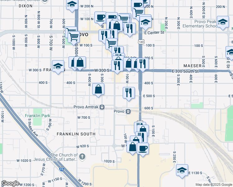 map of restaurants, bars, coffee shops, grocery stores, and more near 199-101 West 500 South Street in Provo