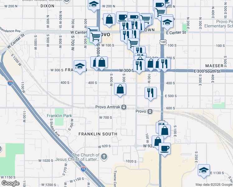 map of restaurants, bars, coffee shops, grocery stores, and more near 327 West 500 South in Provo