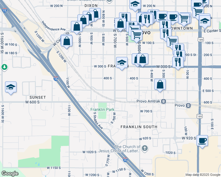 map of restaurants, bars, coffee shops, grocery stores, and more near 763 West 500 South in Provo