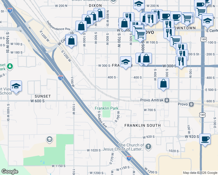 map of restaurants, bars, coffee shops, grocery stores, and more near 763 West 500 South in Provo
