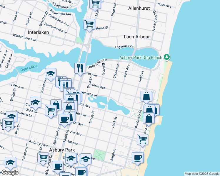 map of restaurants, bars, coffee shops, grocery stores, and more near 2000 6th Avenue in Asbury Park