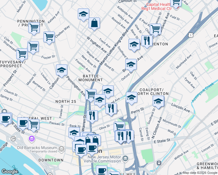 map of restaurants, bars, coffee shops, grocery stores, and more near 151 Meyer Street in Trenton