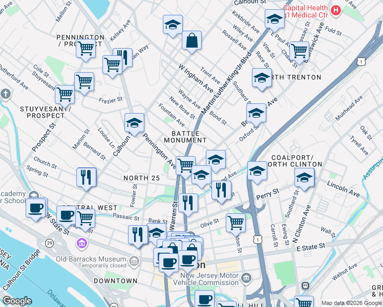 map of restaurants, bars, coffee shops, grocery stores, and more near 435 Martin Luther King Junior Boulevard in Trenton