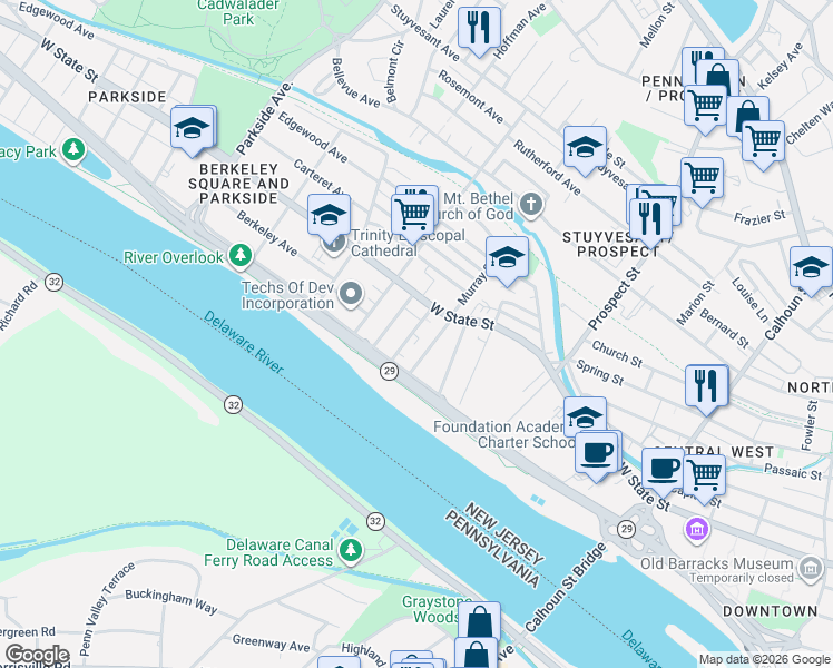 map of restaurants, bars, coffee shops, grocery stores, and more near 46 Colonial Avenue in Trenton