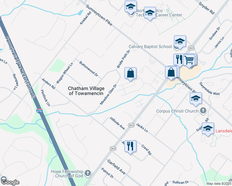 map of restaurants, bars, coffee shops, grocery stores, and more near 178 Wellington Terrace in Lansdale