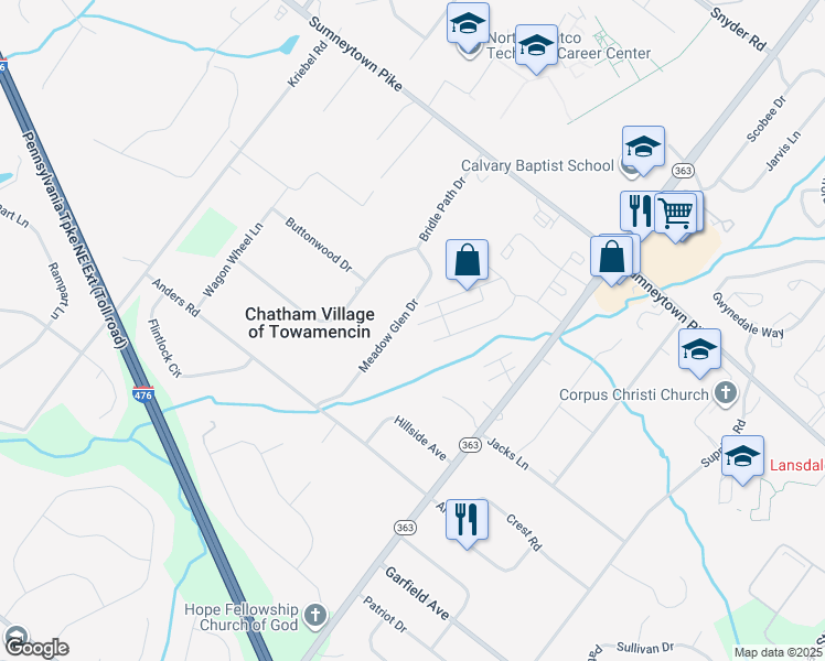 map of restaurants, bars, coffee shops, grocery stores, and more near 178 Wellington Terrace in Lansdale