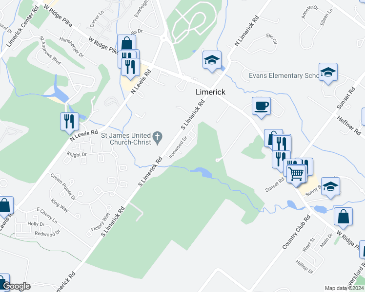 map of restaurants, bars, coffee shops, grocery stores, and more near 335 South Limerick Road in Royersford