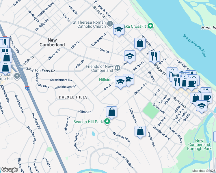map of restaurants, bars, coffee shops, grocery stores, and more near 514 8th Street in New Cumberland