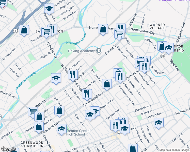 map of restaurants, bars, coffee shops, grocery stores, and more near 73 South Logan Avenue in Trenton
