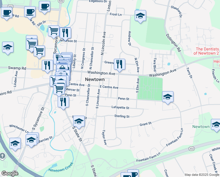 map of restaurants, bars, coffee shops, grocery stores, and more near 101 Madison Street in Newtown