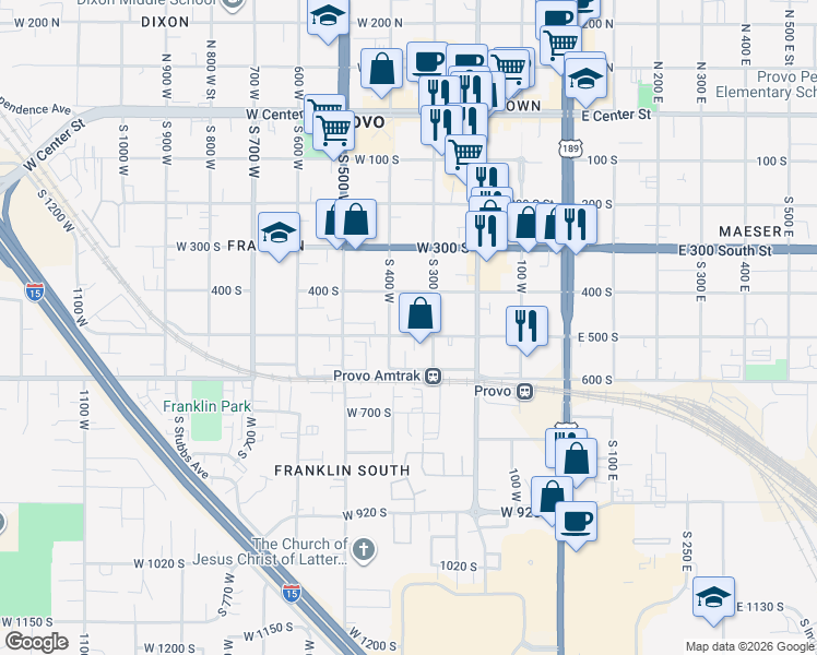 map of restaurants, bars, coffee shops, grocery stores, and more near 358 West 500 South in Provo
