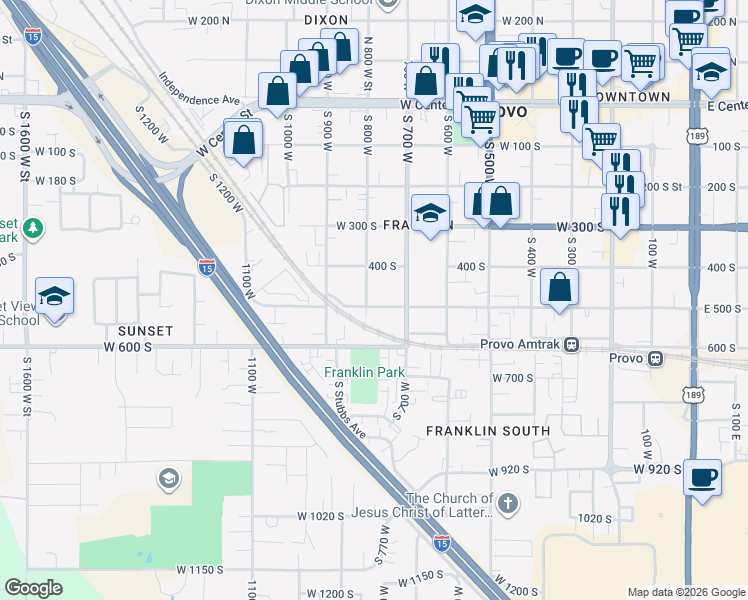map of restaurants, bars, coffee shops, grocery stores, and more near 763 West 500 South in Provo