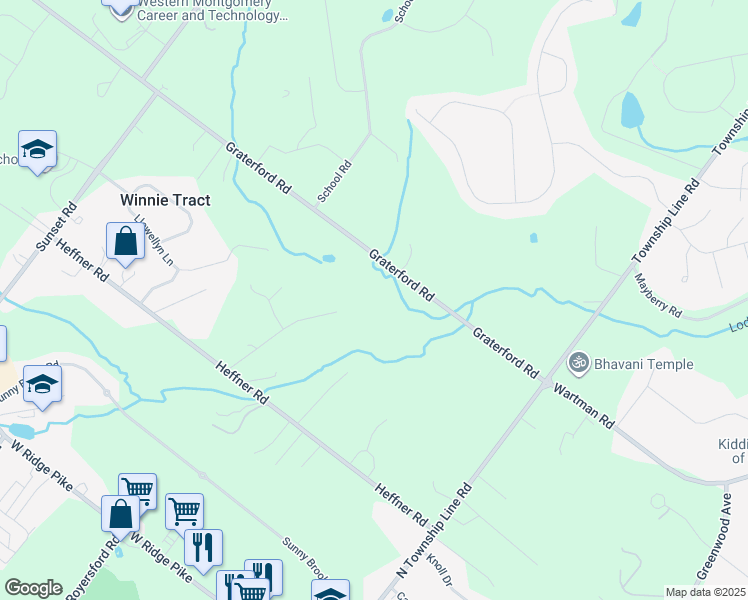 map of restaurants, bars, coffee shops, grocery stores, and more near 260 Graterford Road in Schwenksville