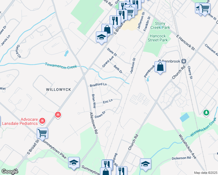 map of restaurants, bars, coffee shops, grocery stores, and more near 196 Barry Avenue in Lansdale