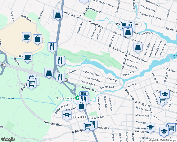 map of restaurants, bars, coffee shops, grocery stores, and more near 300 Lakeview Avenue in Monmouth County