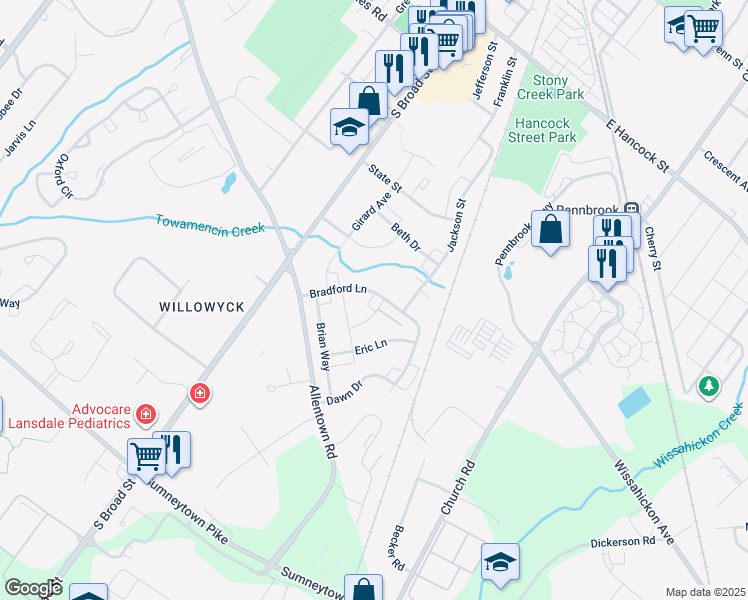 map of restaurants, bars, coffee shops, grocery stores, and more near 196 Barry Avenue in Lansdale