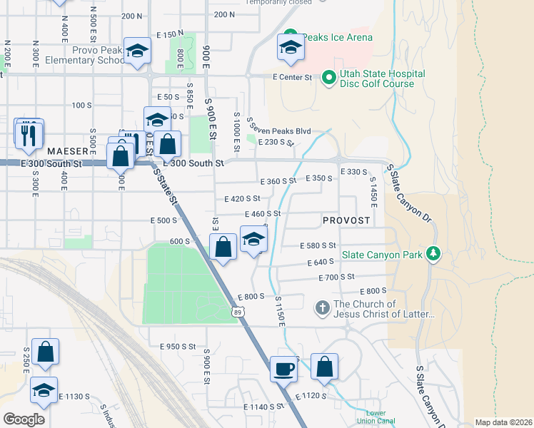 map of restaurants, bars, coffee shops, grocery stores, and more near 460 Utah Avenue in Provo