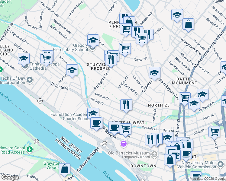 map of restaurants, bars, coffee shops, grocery stores, and more near 306 Church Street in Trenton