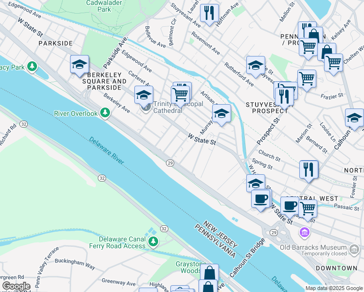 map of restaurants, bars, coffee shops, grocery stores, and more near 46 Colonial Avenue in Trenton