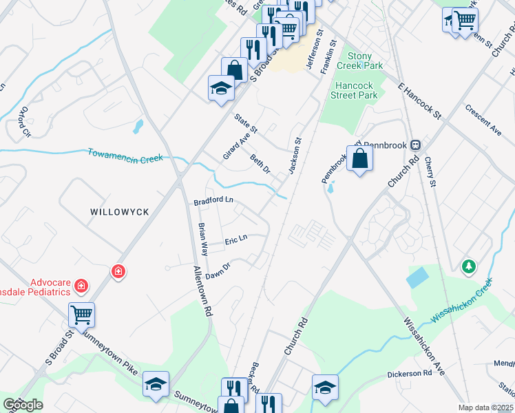 map of restaurants, bars, coffee shops, grocery stores, and more near 857 Jackson Street in Lansdale