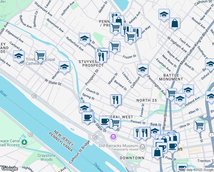 map of restaurants, bars, coffee shops, grocery stores, and more near 287 Bellevue Avenue in Trenton