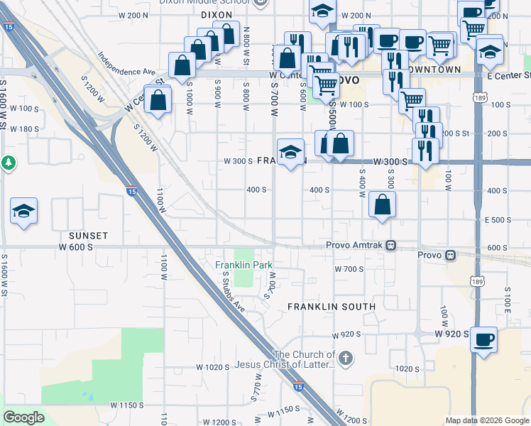 map of restaurants, bars, coffee shops, grocery stores, and more near 730 West 500 South in Provo