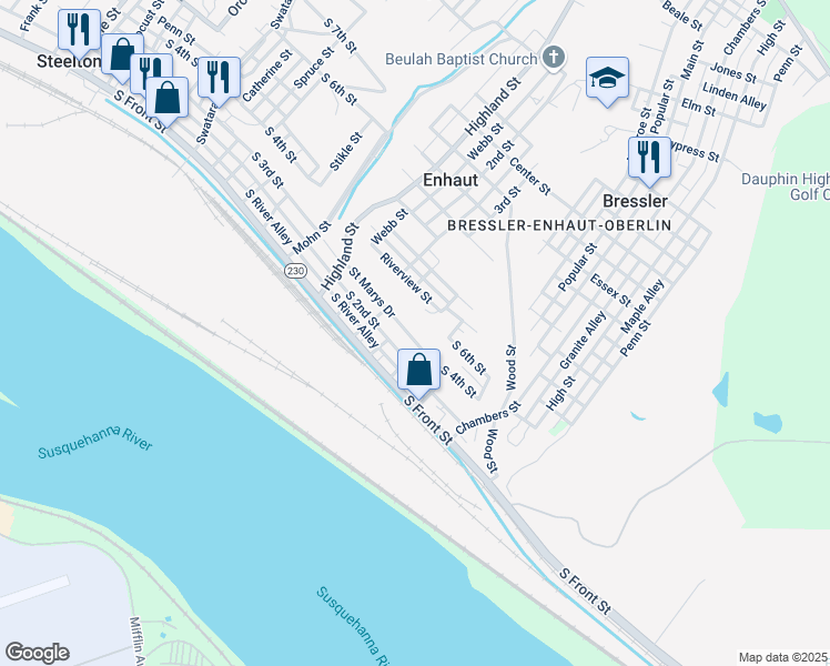 map of restaurants, bars, coffee shops, grocery stores, and more near 623 Saint Marys Drive in Steelton