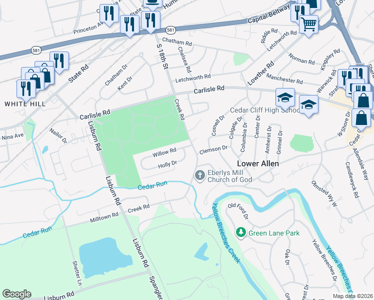 map of restaurants, bars, coffee shops, grocery stores, and more near 1870 Holly Drive in Camp Hill