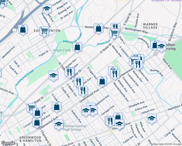 map of restaurants, bars, coffee shops, grocery stores, and more near 47 South Logan Avenue in Trenton