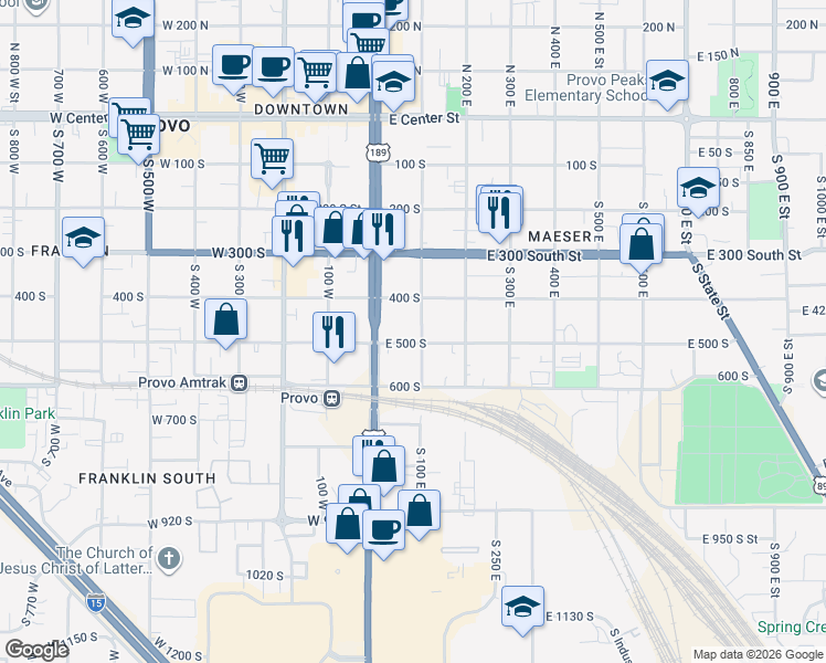 map of restaurants, bars, coffee shops, grocery stores, and more near 560 South 100 East in Provo