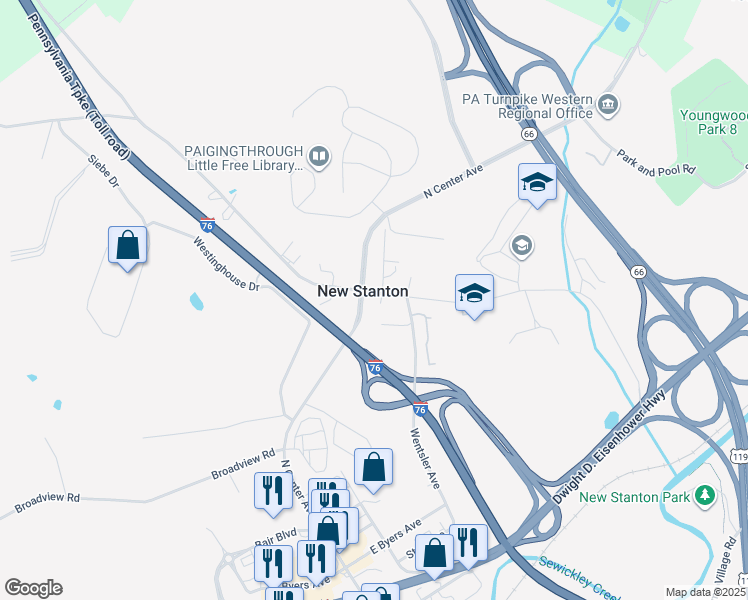 map of restaurants, bars, coffee shops, grocery stores, and more near in New Stanton
