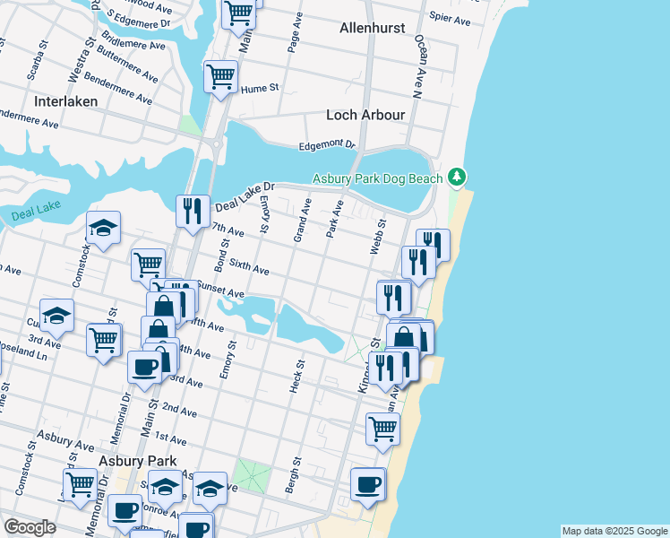 map of restaurants, bars, coffee shops, grocery stores, and more near 317 6th Avenue in Asbury Park