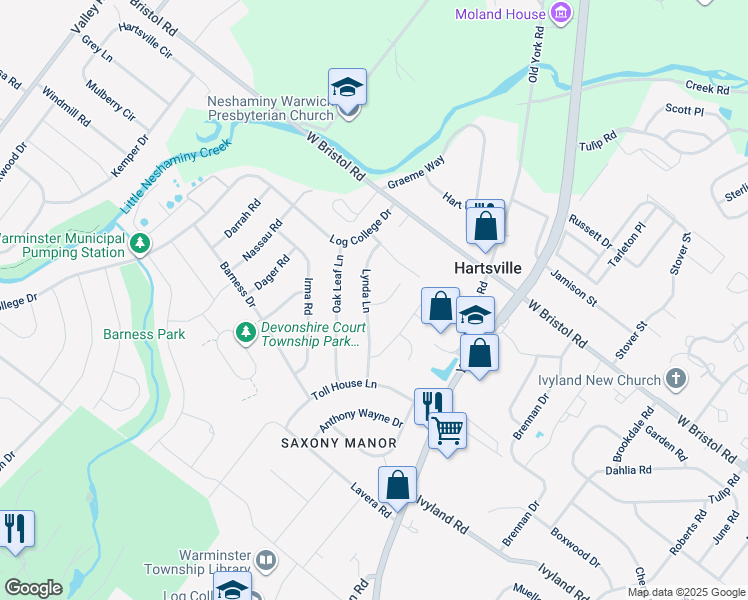 map of restaurants, bars, coffee shops, grocery stores, and more near 1222 Slight Road in Warminster