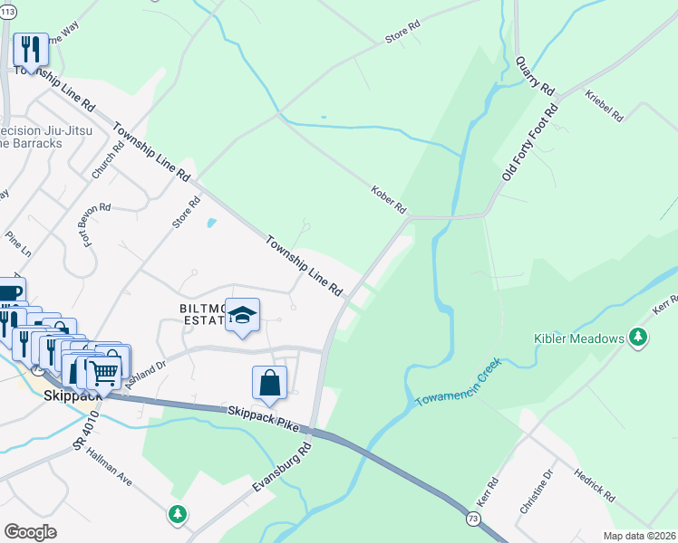 map of restaurants, bars, coffee shops, grocery stores, and more near 2460 Old Forty Foot Road in Montgomery County