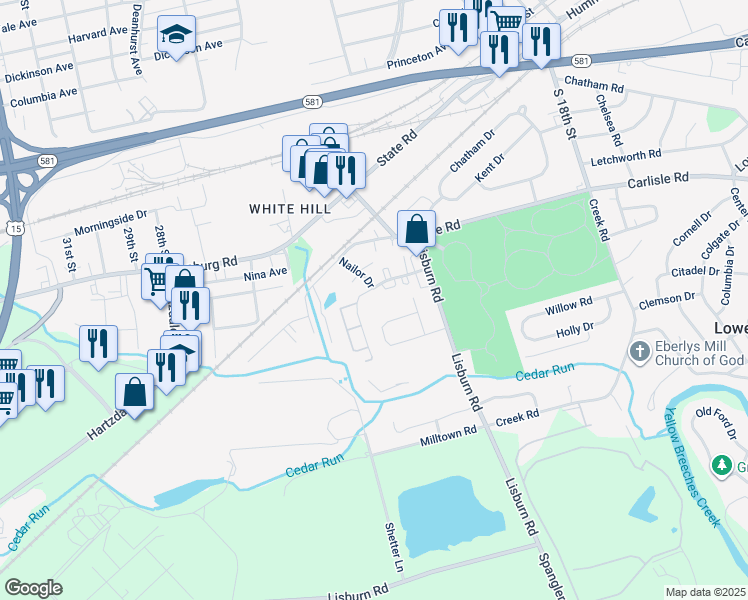 map of restaurants, bars, coffee shops, grocery stores, and more near 2121 Cedar Run Drive in Camp Hill