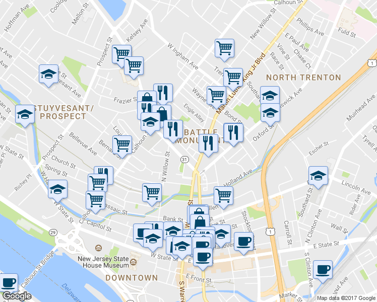 map of restaurants, bars, coffee shops, grocery stores, and more near 2 Barbara Street in Trenton