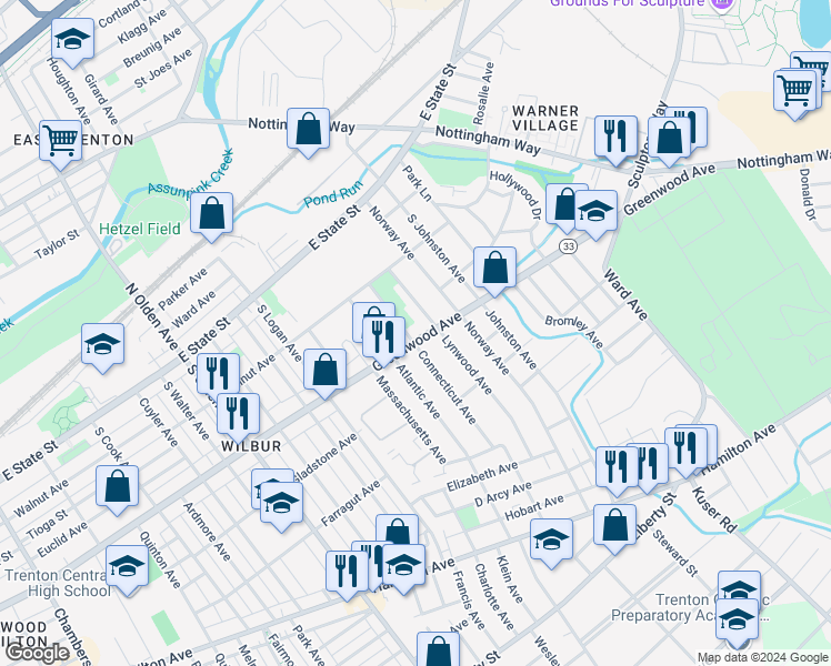map of restaurants, bars, coffee shops, grocery stores, and more near 1774 Greenwood Avenue in Trenton