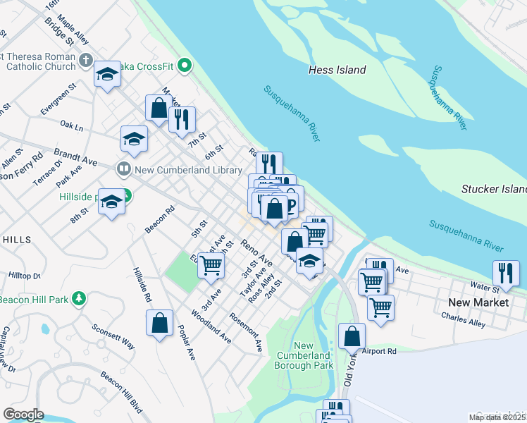 map of restaurants, bars, coffee shops, grocery stores, and more near 331 Bridge Street in New Cumberland