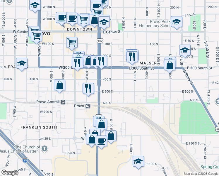 map of restaurants, bars, coffee shops, grocery stores, and more near 560 South 100 East in Provo