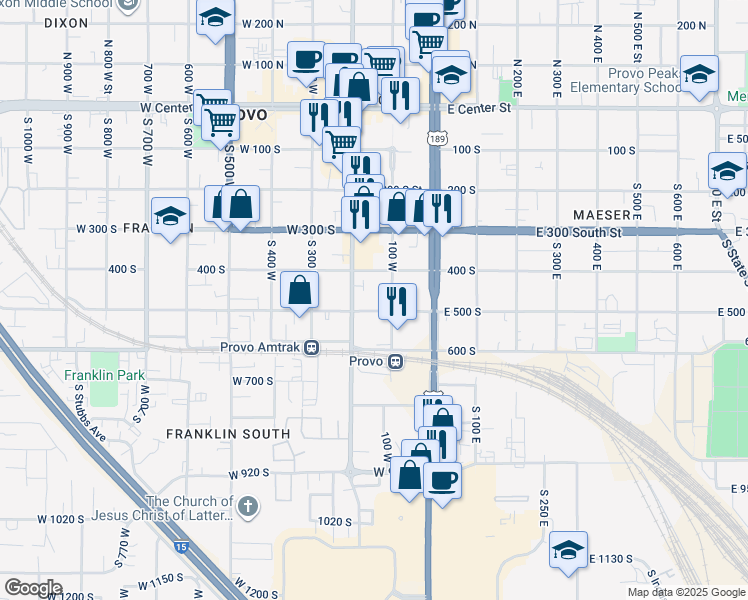 map of restaurants, bars, coffee shops, grocery stores, and more near 199-101 West 500 South Street in Provo