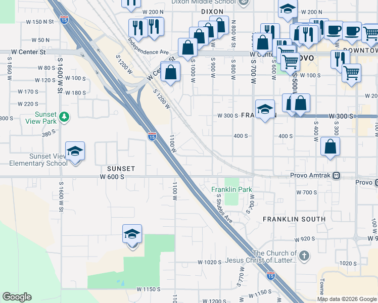 map of restaurants, bars, coffee shops, grocery stores, and more near 1003 West 500 South in Provo
