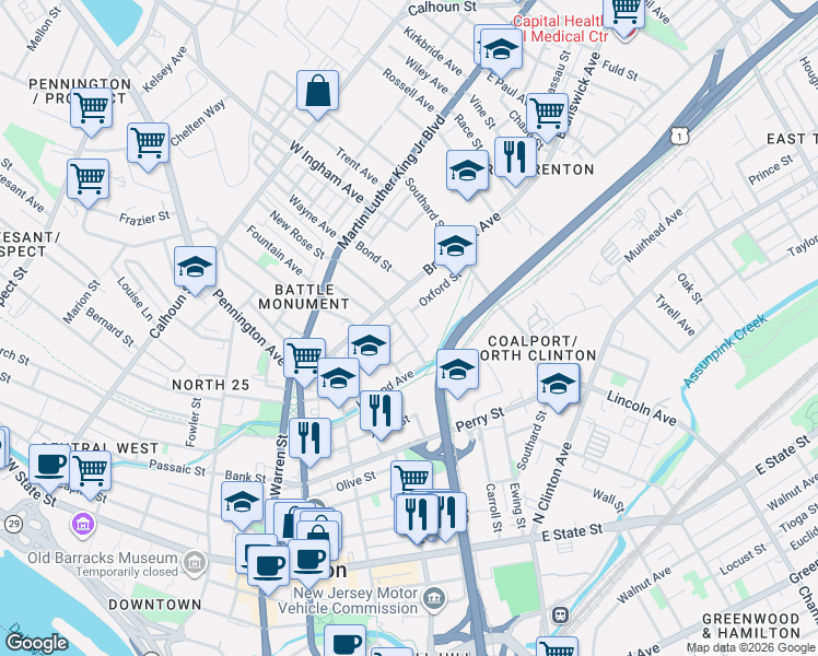 map of restaurants, bars, coffee shops, grocery stores, and more near 152 Old Rose Street in Trenton