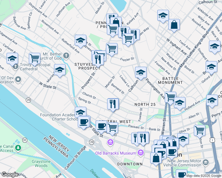 map of restaurants, bars, coffee shops, grocery stores, and more near 269 Bellevue Avenue in Trenton