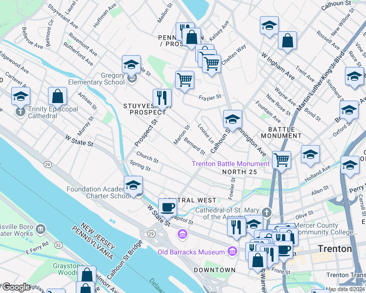 map of restaurants, bars, coffee shops, grocery stores, and more near 269 Bellevue Avenue in Trenton