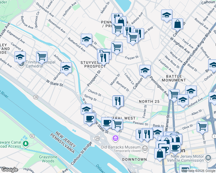 map of restaurants, bars, coffee shops, grocery stores, and more near 269 Bellevue Avenue in Trenton