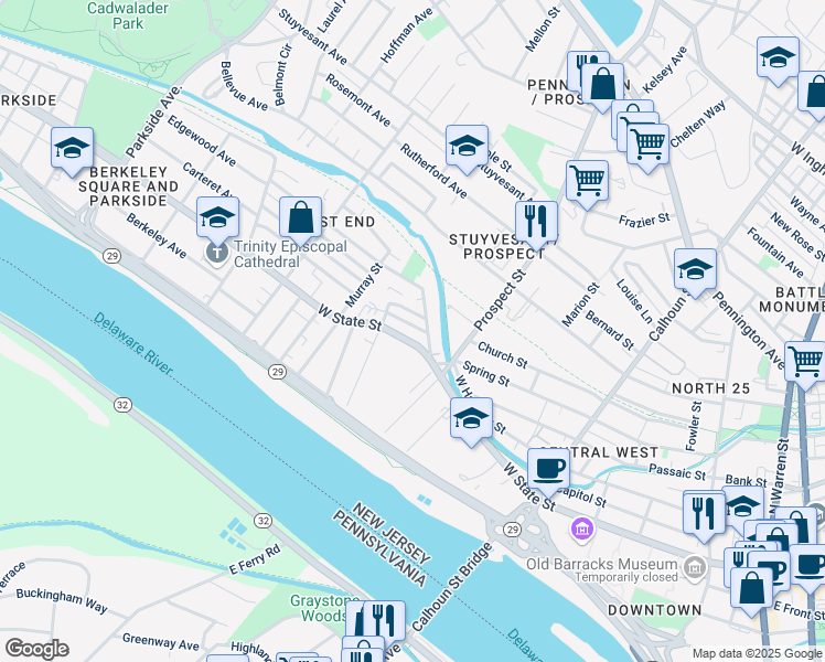 map of restaurants, bars, coffee shops, grocery stores, and more near 474-476 West State Street in Trenton