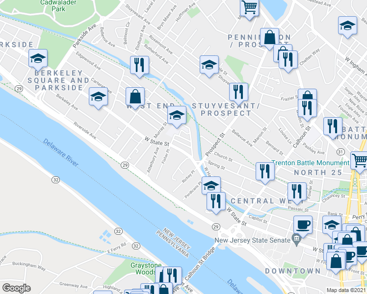 map of restaurants, bars, coffee shops, grocery stores, and more near 474-476 West State Street in Trenton
