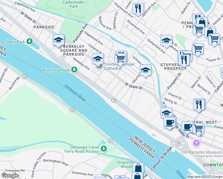 map of restaurants, bars, coffee shops, grocery stores, and more near 602 Riverside Avenue in Trenton